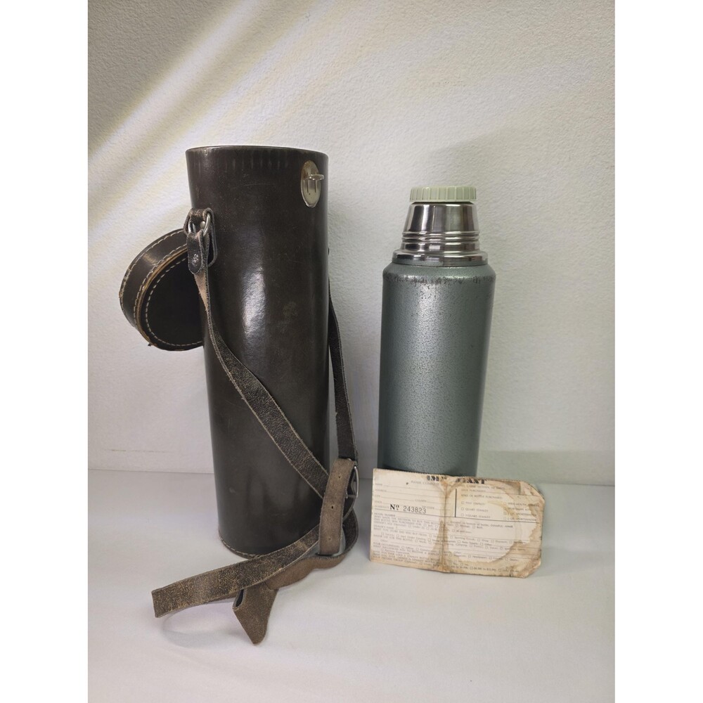 Vintage Aladdin Stanley Thermos with Leather Carrier And Warranty Card READ